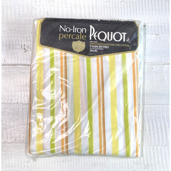 Vintage 1960s New Pequot Percale Twin Fitted Sheet Aurora Stripe Orange Yellow - Picture 4 of 12